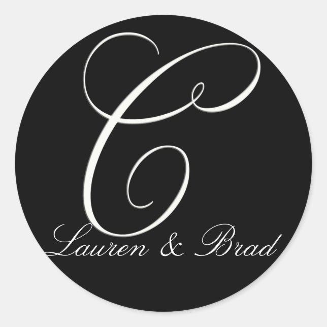 Pegatina Redonda Monograma elegante en blanco y negro - C inicial (Anverso)