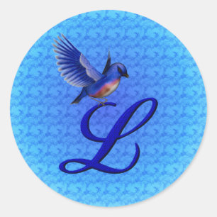 Pegatina Redonda Monograma Elegante Inicial L Pájaro Azul