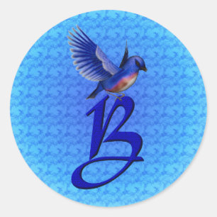 Pegatina Redonda Monograma Elegante Initial B Pájaro Azul