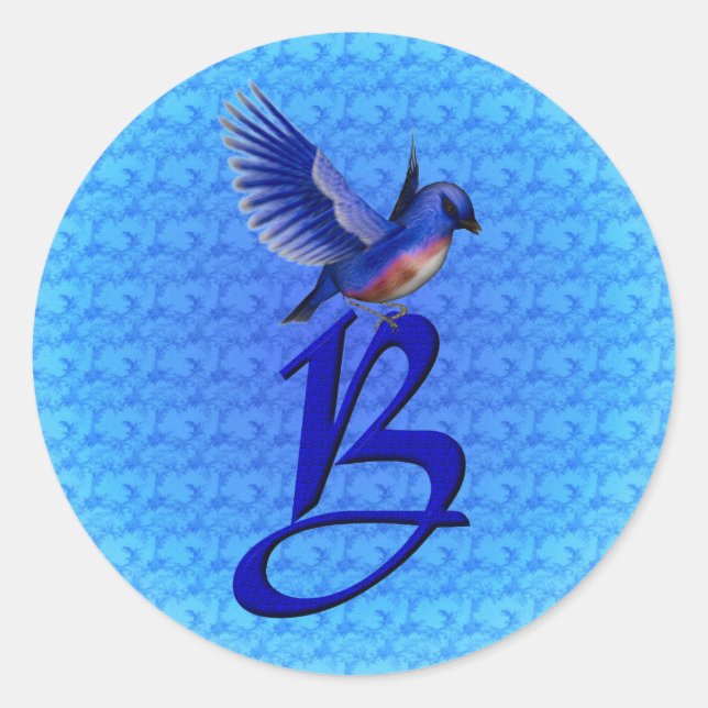 Pegatina Redonda Monograma Elegante Initial B Pájaro Azul (Anverso)