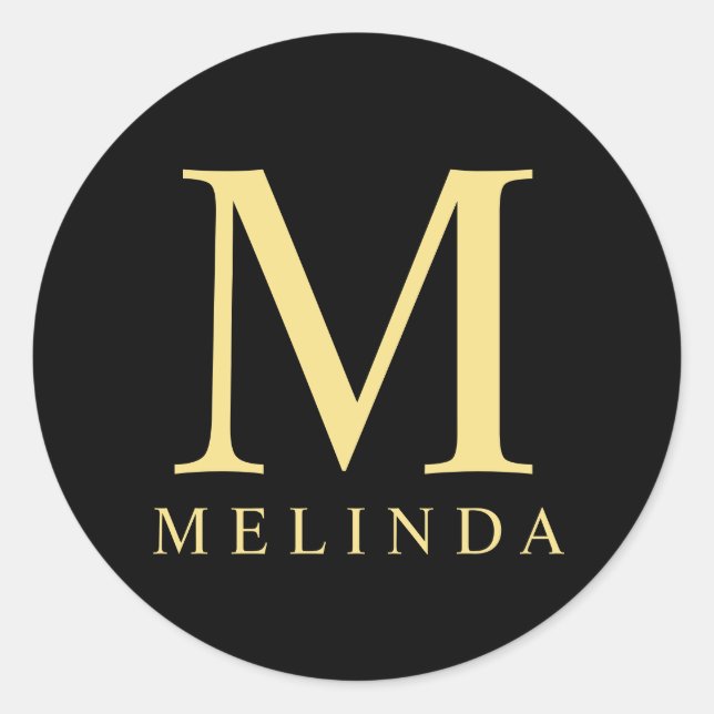 Pegatina Redonda Monograma elegante negro y dorado (Anverso)