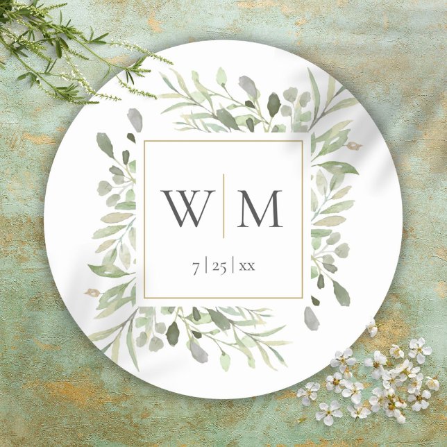 Pegatina Redonda Monograma elegante verde Boda de oro (Monogram Elegant Greenery Gold Wedding Classic Round Sticker)