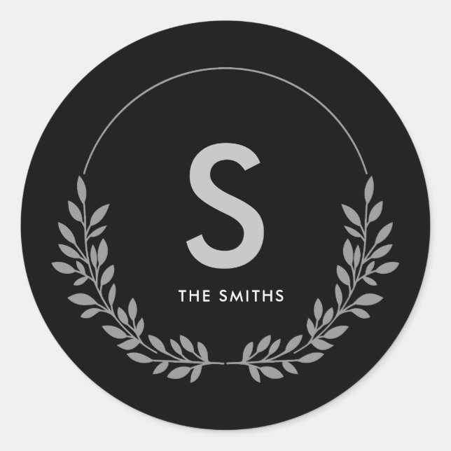 Pegatina Redonda Monograma elegante y personalizado en blanco y neg (Anverso)