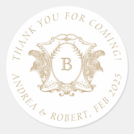 Pegatina Redonda Monograma Escudo blanco y dorado elegante