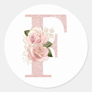 Pegatina Redonda Monograma F floral con brillo dorado rosa pálido f