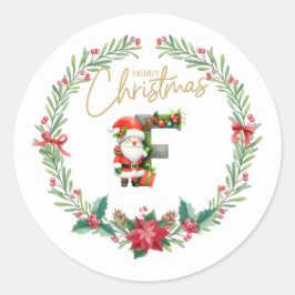 Pegatina Redonda Monograma F, Navidades Wreath con Santa Claus