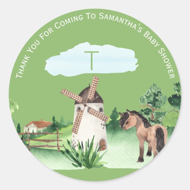 Pegatina Redonda Monograma Farm Windmill Horse Boys Baby Shower (Anverso)