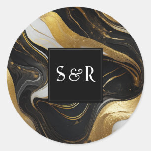 Pegatina Redonda Monograma Faux Gold, Black & White Marble Boda