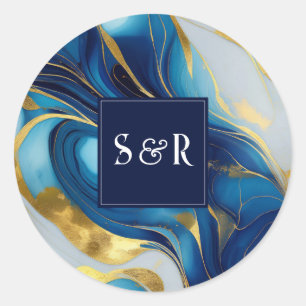 Pegatina Redonda Monograma Faux Gold, Blue and White Marble Boda