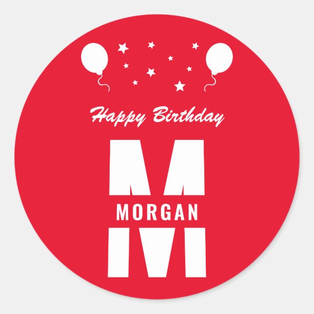 Pegatina Redonda Monograma Feliz Cumpleaños Cualquier Edad Rojo Y B (Anverso)