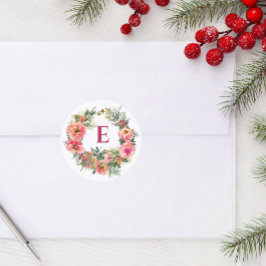 Pegatina Redonda Monograma Festividad Rosa Wreath Botánica