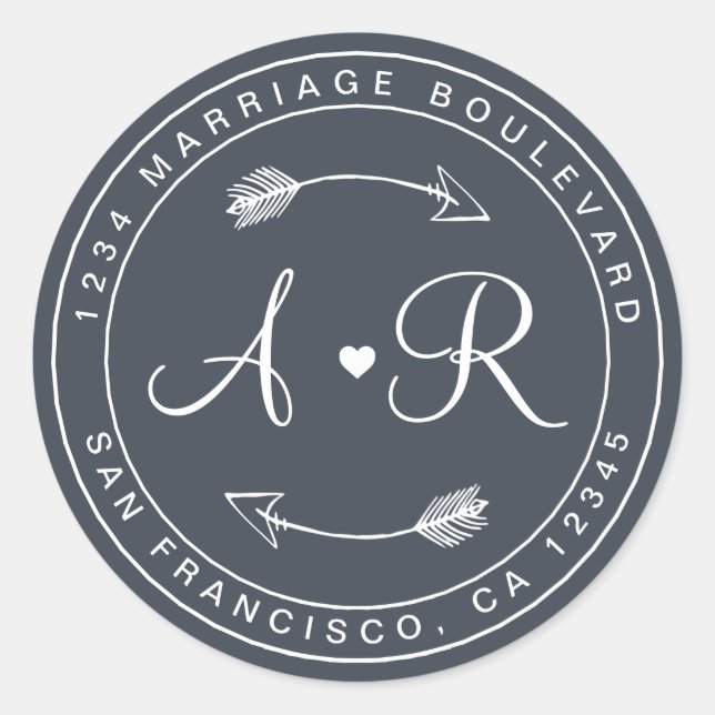 Pegatina Redonda Monograma flecha cardíaca Boda azul Dirección de r (Anverso)