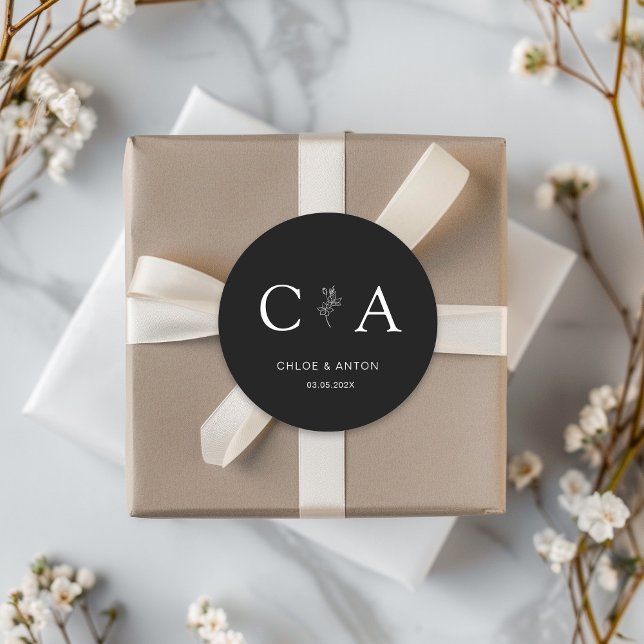 Pegatina Redonda Monograma, Flor de Arte de Línea, Boda, Negro (Subido por el creador)