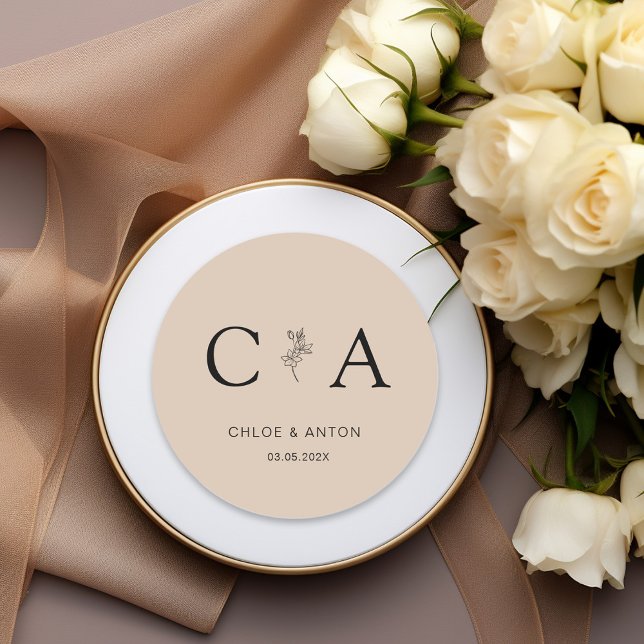 Pegatina Redonda Monograma, flor de línea-arte-Boda, beige-marrón (Subido por el creador)