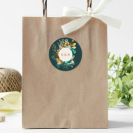 Pegatina Redonda Monograma floral acuático Verde azulado y dorado B