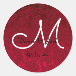 Pegatina Redonda Monograma floral de boda de invierno rojo para nav