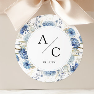 Pegatina Redonda Monograma Floral de Bodas con Hortensias Azules Po