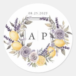Pegatina Redonda Monograma Floral de Lavanda y Limón para Boda Cres