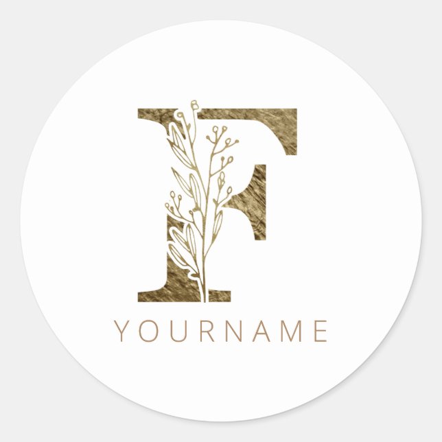 Pegatina Redonda Monograma Floral F Elegante Foliage Gold (Anverso)
