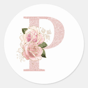 Pegatina Redonda Monograma floral femenino con brillo en oro rosa p