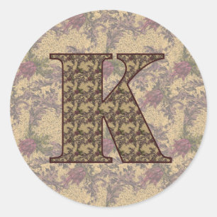 Pegatina Redonda Monograma floral K inicial elegante