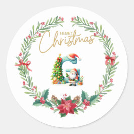 Pegatina Redonda Monograma G, Navidades Wreath con Santa Claus