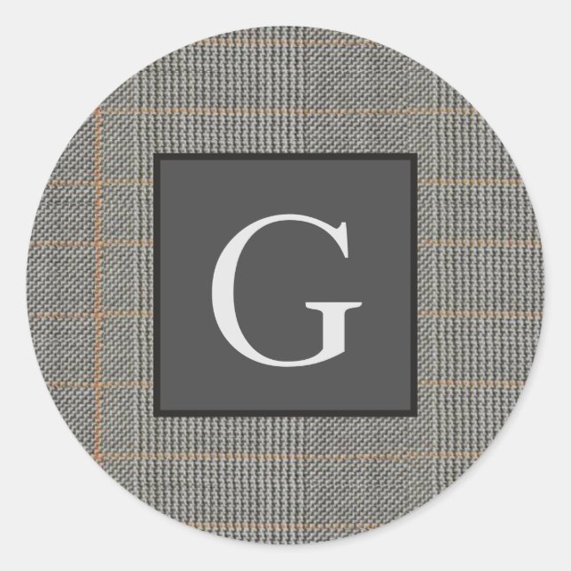 Pegatina Redonda Monograma Gray Tweed Groomsman Bestman Boda Regalo (Anverso)