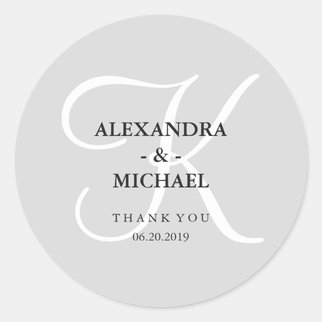 Pegatina Redonda Monograma Gris clásico moderno y gracias (Anverso)