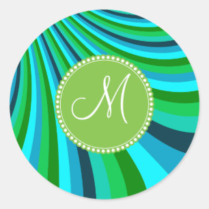 Pegatina Redonda Monograma Groovy Blue Green Rainbow Stripes