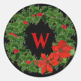 Pegatina Redonda Monograma Holly Wreath Navidades en negro