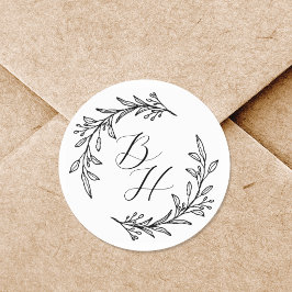 Pegatina Redonda Monograma Inicial de Bodas Corona Floral