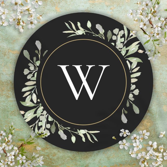 Pegatina Redonda Monograma inicial de hojas verdes de primavera (Spring Leaves Greenery Monogram Initial Classic Round Sticker)