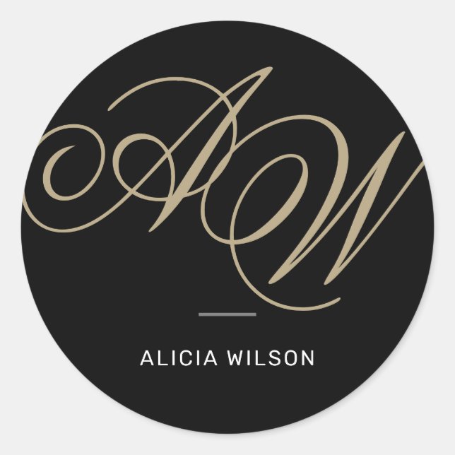 Pegatina Redonda Monograma inicial de nombre completo personalizado (Anverso)