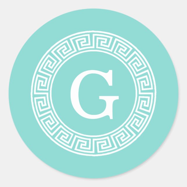 Pegatina Redonda Monograma inicial del marco de la llave griega Rob (Anverso)