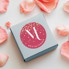 Pegatina Redonda Monograma inicial del Purpurina de oro rojo de Gla