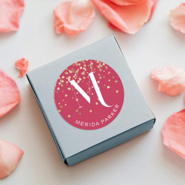 Pegatina Redonda Monograma inicial del Purpurina de oro rojo de Gla (Subido por el creador)