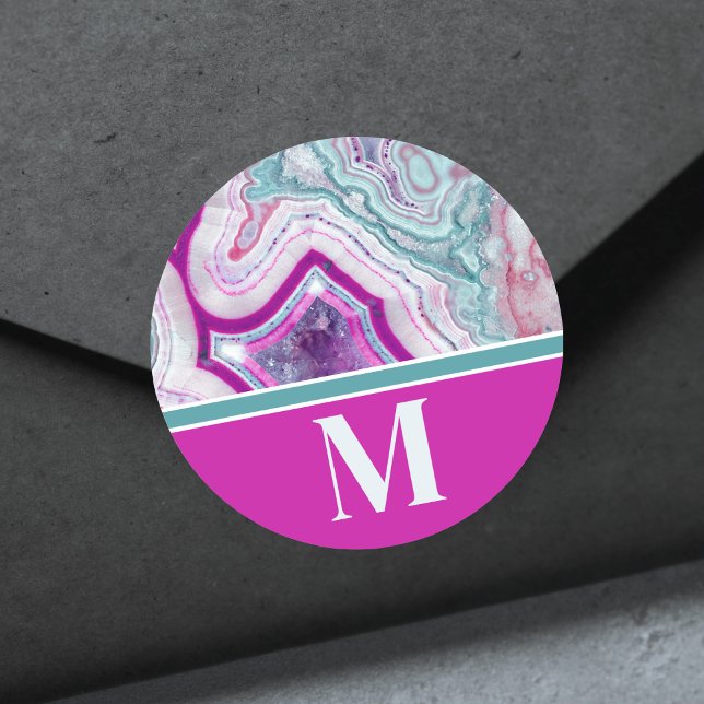 Pegatina Redonda Monograma Inicial Moderno Chic de Moda (Chic Modern Teal Pink Agate Stone Initial Monogram Classic Round Sticker)