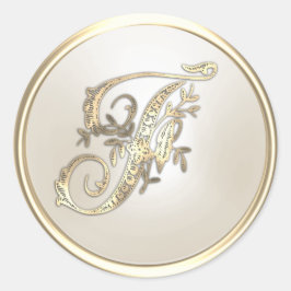 Pegatina Redonda Monograma inicial ornamentado de oro y marfil F