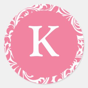 Pegatina Redonda Monograma K Boda blanco rosado Monogramas Invi