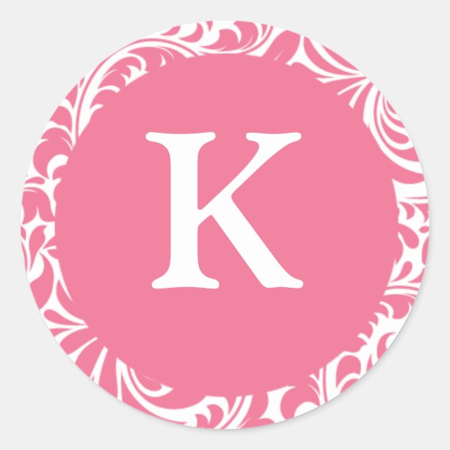 Pegatina Redonda Monograma K Boda blanco rosado Monogramas Invi (Anverso)