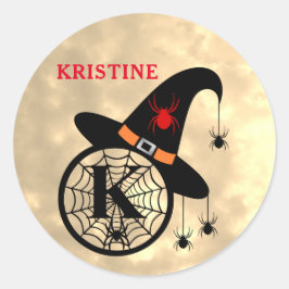 Pegatina Redonda Monograma K Halloween Sky Witch Spider Name