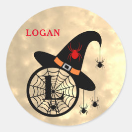 Pegatina Redonda Monograma L Halloween Sky Witch Spider Name