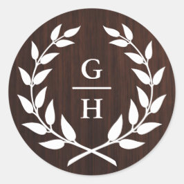 Pegatina Redonda Monograma Laurel Wreath Rústico Wood Pattern Boda