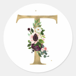 Pegatina Redonda monograma letra dorada flores boho borgoña Cla