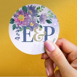 Pegatina Redonda Monograma lindo Boda morado floral azul