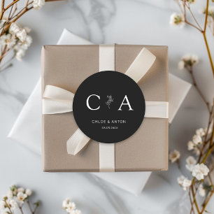 Pegatina Redonda Monograma, Línea-Art-Flor, Boda, Negro