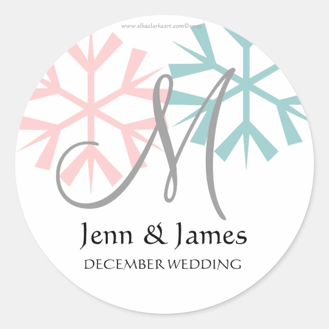 Pegatina Redonda Monograma M de copo de nieve azul rosado de diciem (Anverso)