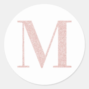 Pegatina Redonda Monograma M de purpurina dorada rosa pálido femeni