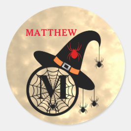 Pegatina Redonda Monograma M Halloween Sky Witch Spider Name
