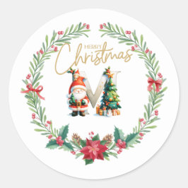 Pegatina Redonda Monograma M, Navidades Wreath con Santa Claus